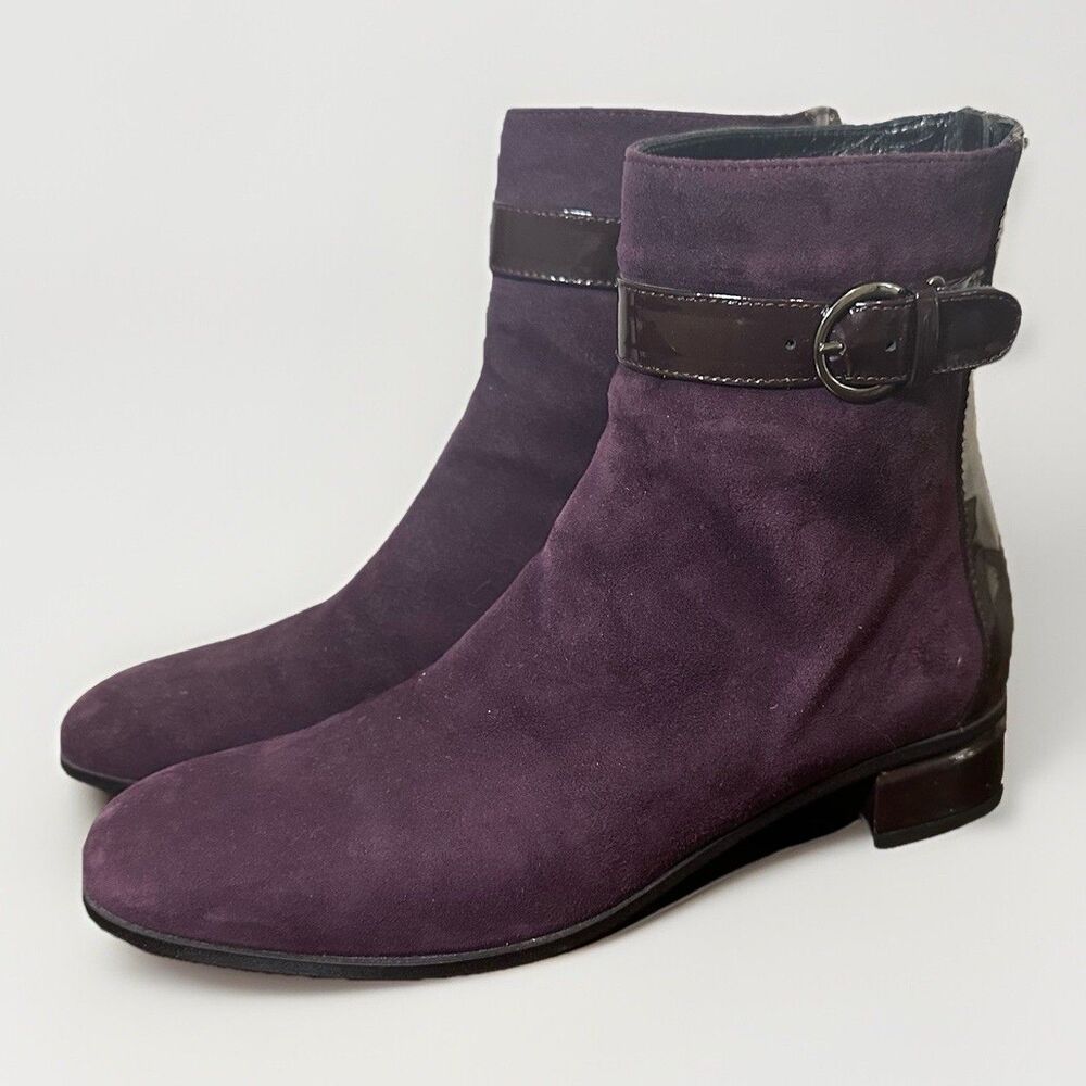 Aquatalia‎ Suede Patent Leather Ankle Boots Purple Back Zip Women's 7